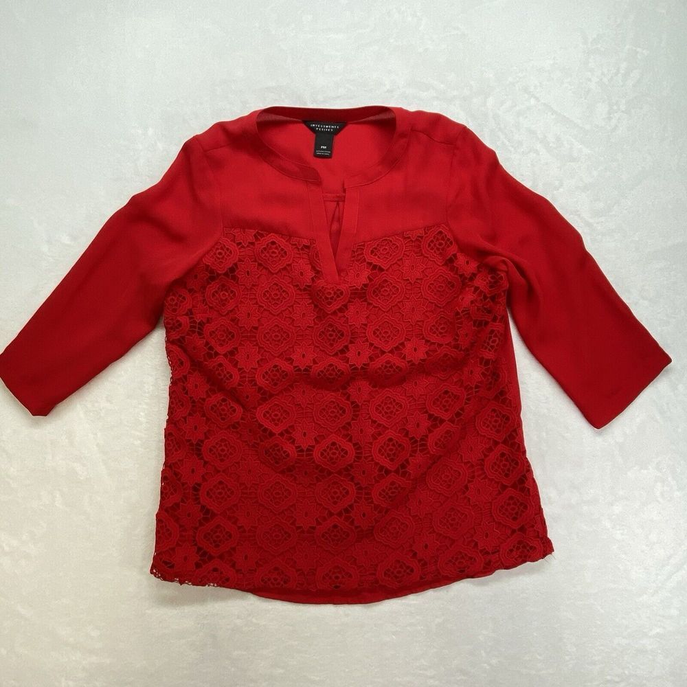Investments Blouse Womens M Petite Red Front Lace Split Neckline 3/4 Sleeve flaw